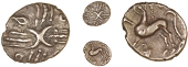 Catuvellauni, Tasciovanus, Quarter-Stater, two crescents back-to-back across cruciform wreath pattern, petals in...