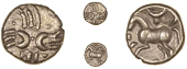 Catuvellauni, Tasciovanus, Quarter-Stater, two crescents back-to-back across cruciform wreath pattern, pellets in...