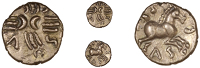 Catuvellauni, Tasciovanus, Quarter-Stater, two crescents back-to-back across cruciform wreath pattern, [t]asc[i] in...