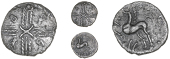Catuvellauni, Tasciovanus, Unit, two crescents back-to-back across cruciform wreath pattern, symbols in angles, rev....