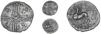 Catuvellauni, Tasciovanus, Unit, two crescents back-to-back across cruciform wreath pattern, symbols in angles, rev....