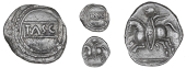 Catuvellauni, Tasciovanus, Unit, tasc in panel, rev. horseman left with long shield, 1.32g/7h (BMC 1677-9; VA 1800;...