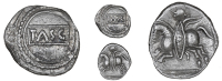 Catuvellauni, Tasciovanus, Unit, tasc in panel, rev. horseman left with long shield, 1.32g/7h (BMC 1677-9; VA 1800;...