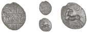 Catuvellauni, Tasciovanus, Unit, tasci [o] in panel over wreath, rev. horse left, looking back, wheel above,...