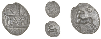 Catuvellauni, Tasciovanus, Unit, tasci [o] in panel over wreath, rev. horse left, looking back, wheel above,...