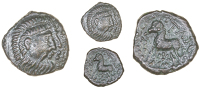 Catuvellauni, Tasciovanus, Bronze, two heads profiled right, one bearded, rev. ram left, tasc behind, flower below,...
