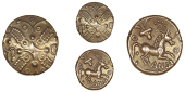 Catuvellauni, Andoco, Stater, two crescents back-to-back in centre of cruciform wreath pattern, rev. horse right,...