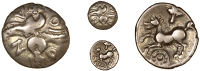 Catuvellauni, Andoco, Quarter-Stater, two crescents back-to-back in centre of cruciform wreath pattern, a n d o in...