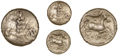 Catuvellauni, Cunobelin, Stater, Plastic type, ear of barley dividing camv, rev. horse prancing right, branch above,...