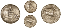 Catuvellauni, Cunobelin, Stater, Plastic type, ear of barley dividing camv, rev. horse prancing right, branch above,...