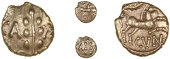 Catuvellauni, Cunobelin, Quarter-Stater, Linear type, ear of barley dividing cam[v], rev. horse right, branch above,...