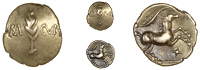 Catuvellauni, Cunobelin, Quarter-Stater, Plastic type, ear of barley dividing [ca]m cvn, rev. horse right, branch...