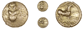 Catuvellauni, Cunobelin, Quarter-Stater, Classic type, ear of barley dividing [c]amv, rev. horse right, branch...