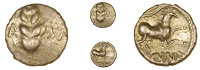 Catuvellauni, Cunobelin, Quarter-Stater, Classic type, ear of barley dividing [c]amv, rev. horse right, branch...