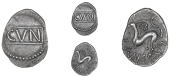 Catuvellauni, Cunobelin, Unit, cvn on tablet within beaded border, rev. horse left, rosette above, cam below,...