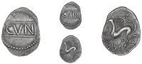 Catuvellauni, Cunobelin, Unit, cvn on tablet within beaded border, rev. horse left, rosette above, cam below,...
