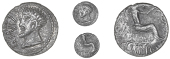 Catuvellauni, Cunobelin, Unit, head left, camv in front, rev. Victory seated right, cvno below, 1.29g/2h (BMC...