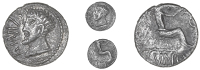 Catuvellauni, Cunobelin, Unit, head left, camv in front, rev. Victory seated right, cvno below, 1.29g/2h (BMC...
