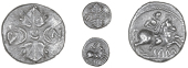 Catuvellauni, Cunobelin, Unit, two leaves dividing two crescents and cv n, rev. horseman right, cam below, 1.27g/9h...
