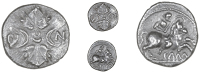 Catuvellauni, Cunobelin, Unit, two leaves dividing two crescents and cv n, rev. horseman right, cam below, 1.27g/9h...