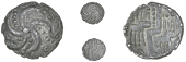Durotriges, Uninscribed issues, Silver Quarter-Staters (2), Geometric type, crescent with three appendages, rev....