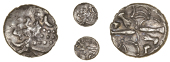 Durotriges, Uninscribed issues, Base gold Quarter-Stater, disjointed head of Apollo, rev. geometric design,...