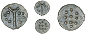 Durotriges, Uninscribed issues, Bronze, Hengistbury ‘Four Four Ten’ type, central forked line with four pellets...