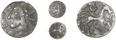 Dobunni, Uninscribed issues, Unit, head left with braided hair, cockerel head in front, ornaments around, rev....