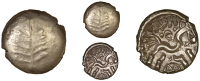 Dobunni, Catti, Stater, Dobunnic leaf emblem, rev. triple-tailed horse right, wheel below, catti above, 5.38g/2h...