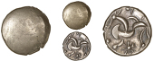 Corieltauvi, Uninscribed issues, Stater, South Ferriby type, obliterated die, rev. disjointed horse left, pellets...