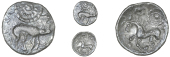 Corieltauvi, Uninscribed issues, Unit, Boar/Horse type, boar right, large pellet-and-ring motif above, rev. horse...