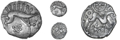 Corieltauvi, Uninscribed issues, Unit, Boar/Horse type, boar right, rosette of seven pellets below, rev. horse...
