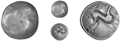 Corieltauvi, Uninscribed issues, Unit, South Ferriby type, blank, rev. horse right, three pellets above, pellet...