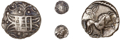 Iceni, Uninscribed issues, Quarter-Stater, Irstead type, latticed box, wreaths at sides, rev. horse right, voided...