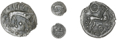 Iceni, Uninscribed issues, Unit, Boar/Horse type, boar right, pellets below, rev. horse right, four-spoked wheel...