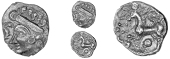 Iceni, Uninscribed issues, Unit, Bury type, female head left, wearing crown, rev. horse left, pellet-in-ring above...