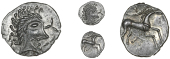 Iceni, Uninscribed issues, Unit, Face/Horse type, stylised head right, wreath behind, trefoil in front, rev. horse...