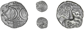 Iceni, Anted, Unit, two opposed crescents on wreath, rev. horse right, daisy above, three pellets and anted monogram...