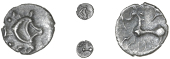 Iceni, Ece, Half-Unit, two opposed crescents, pellets around, rev. horse left, y above, ece retrograde below,...