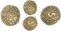 Early Uninscribed issues, Stater, British I [North East Coast type], devolved head of Apollo, rev. disjointed horse...
