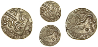 Early Uninscribed issues, Stater, British I [North East Coast type], devolved head of Apollo, rev. disjointed horse...