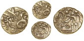 Early Uninscribed issues, Stater, British I [North East Coast type], devolved head of Apollo, rev. disjointed horse...