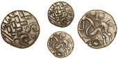 Corieltauvi, Uninscribed issues, Stater, South Ferriby type, devolved head of Apollo, rev. disjointed horse left,...