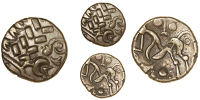Corieltauvi, Uninscribed issues, Stater, South Ferriby type, devolved head of Apollo, rev. disjointed horse left,...