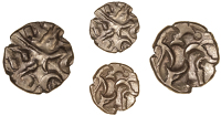 Corieltauvi, Uninscribed issues, Stater, South Ferriby type, devolved head of Apollo, rev. disjointed horse left,...
