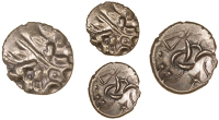 Corieltauvi, Uninscribed issues, Stater, South Ferriby type, devolved head of Apollo, rev. disjointed horse left,...