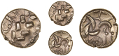 Corieltauvi, Uninscribed issues, Stater, Wheel type, devolved head of Apollo, rev. disjointed horse left,...