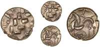 Corieltauvi, Uninscribed issues, Stater, Wheel type, devolved head of Apollo, rev. disjointed horse left,...