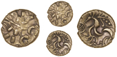 Corieltauvi, Uninscribed issues, Stater, Kite type, devolved head of Apollo, rev. disjointed horse left, ‘kite’...