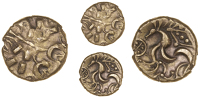 Corieltauvi, Uninscribed issues, Stater, Kite type, devolved head of Apollo, rev. disjointed horse left, ‘kite’...